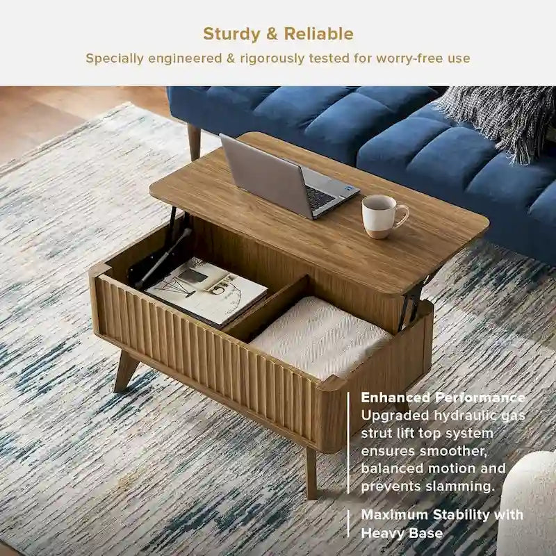 Table basse en bois Art Déco avec plateau relevable de rangement et panneau cannelé pour salon