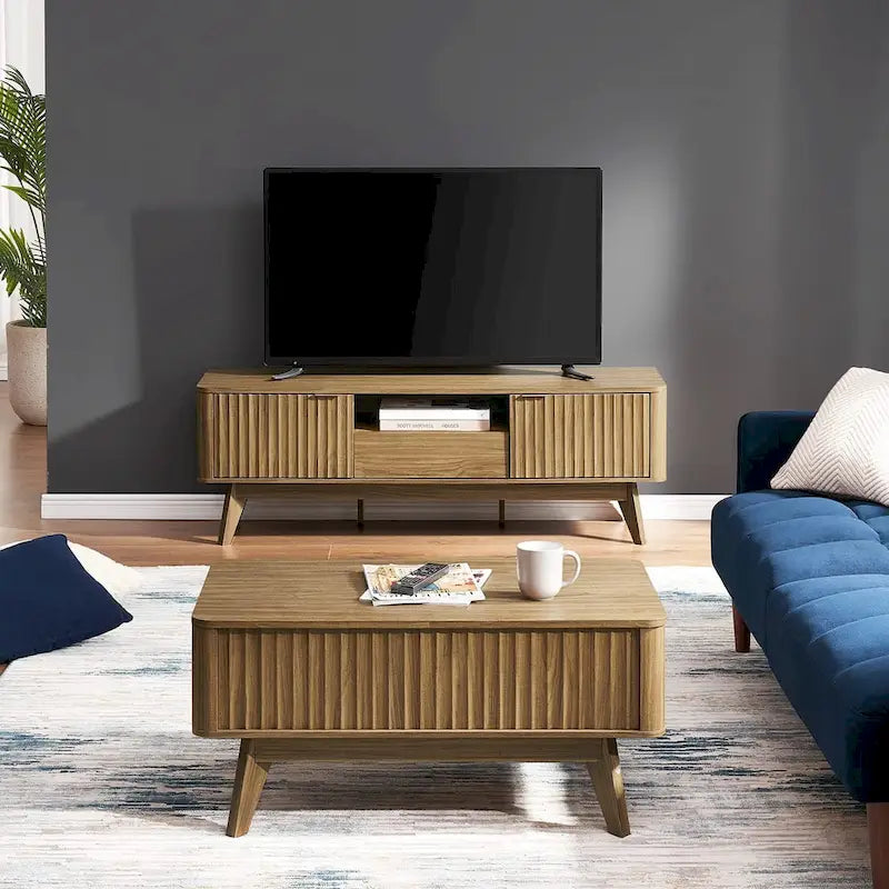 Table basse en bois Art Déco avec plateau relevable de rangement et panneau cannelé pour salon