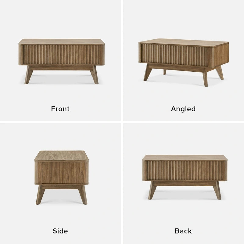 Table basse en bois Art Déco avec plateau relevable de rangement et panneau cannelé pour salon