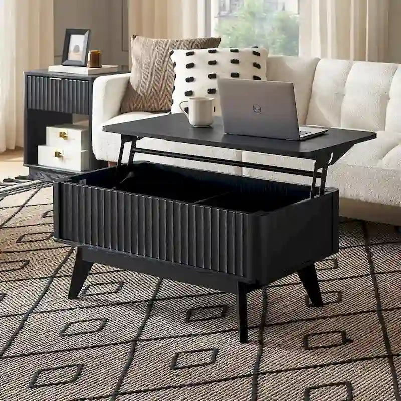 Table basse en bois Art Déco avec plateau relevable de rangement et panneau cannelé pour salon