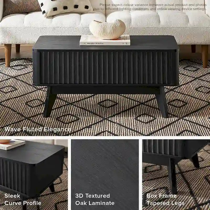 Table basse en bois Art Déco avec plateau relevable de rangement et panneau cannelé pour salon