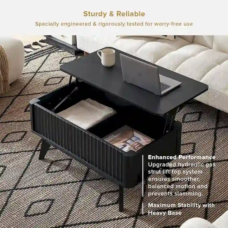 Table basse en bois Art Déco avec plateau relevable de rangement et panneau cannelé pour salon