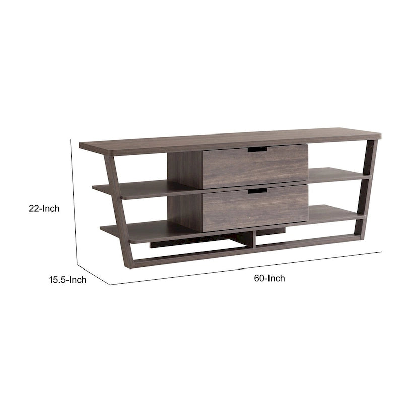 Meuble TV/console multimédia de 152 cm, 4 étagères flottantes, 2 tiroirs, marron