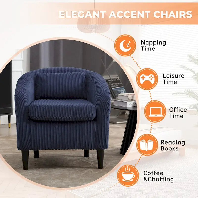 Fauteuil d'appoint en velours côtelé Mid-Century Modern avec dossier incurvé et pieds en bois pour salon