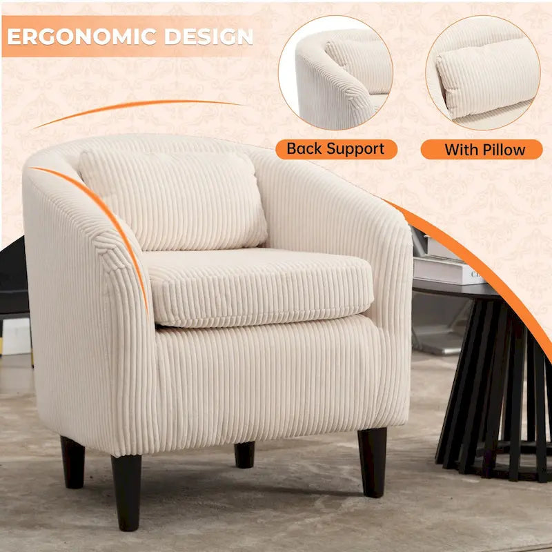 Fauteuil d'appoint en velours côtelé Mid-Century Modern avec dossier incurvé et pieds en bois pour salon