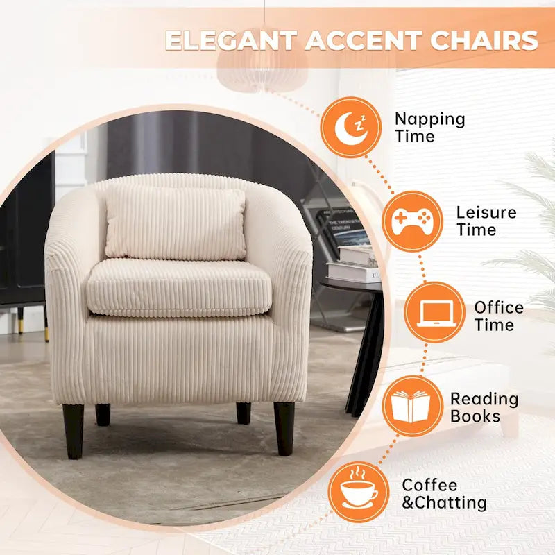 Fauteuil d'appoint en velours côtelé Mid-Century Modern avec dossier incurvé et pieds en bois pour salon