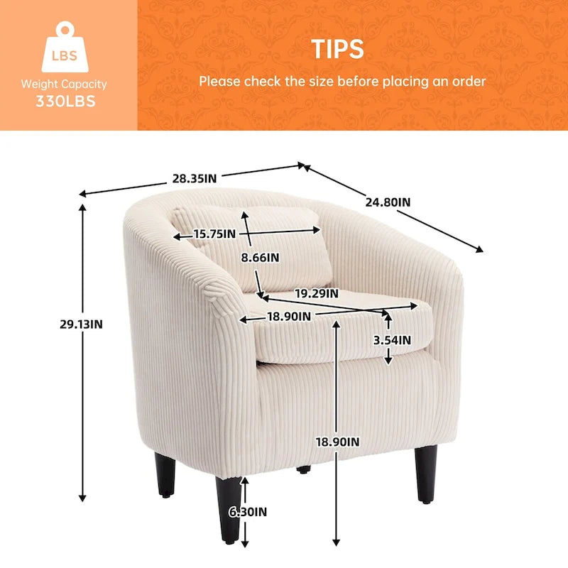 Fauteuil d'appoint en velours côtelé Mid-Century Modern avec dossier incurvé et pieds en bois pour salon