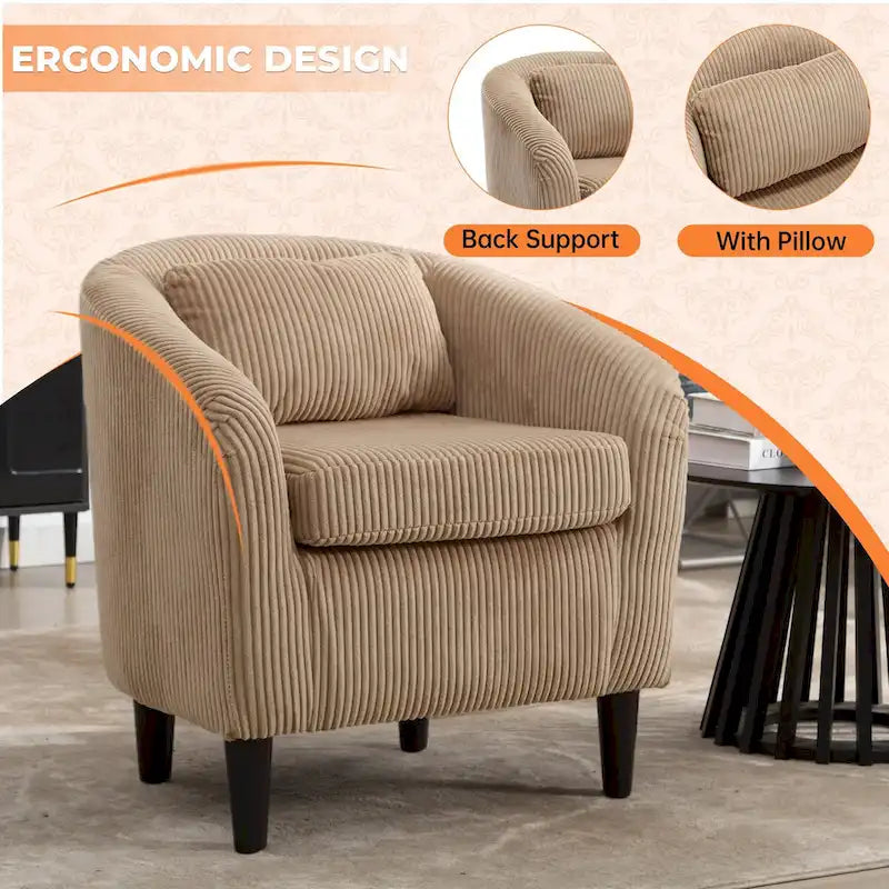 Fauteuil d'appoint en velours côtelé Mid-Century Modern avec dossier incurvé et pieds en bois pour salon