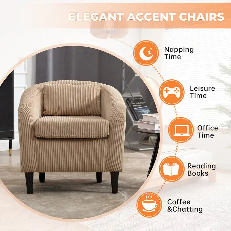 Fauteuil d'appoint en velours côtelé Mid-Century Modern avec dossier incurvé et pieds en bois pour salon