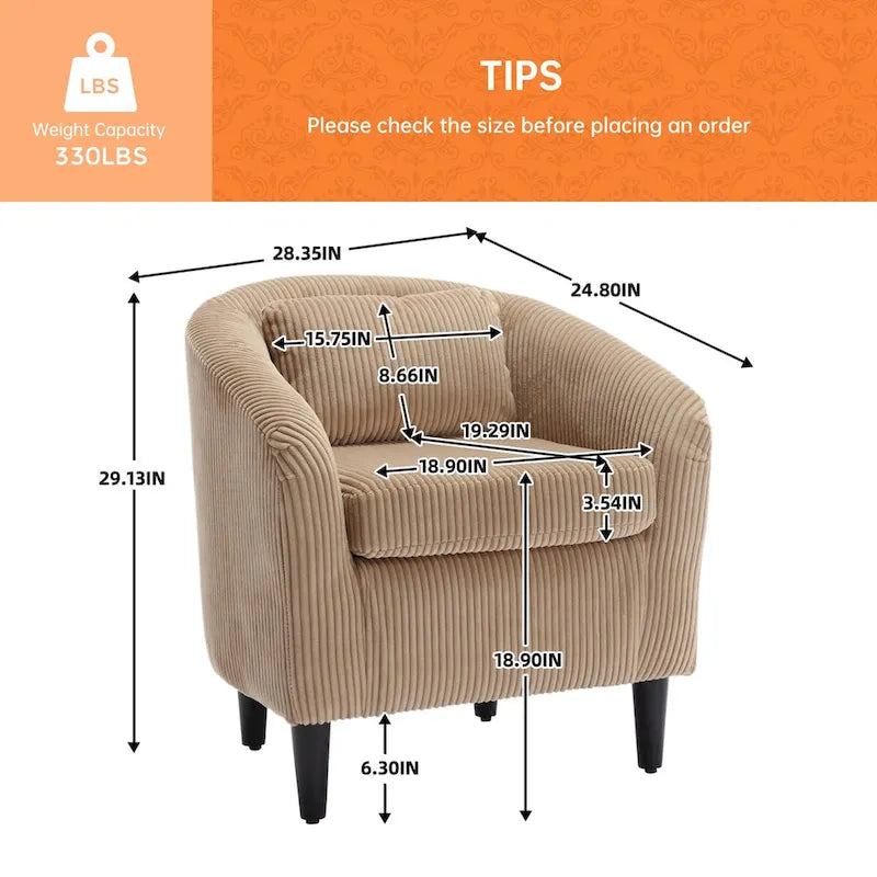 Fauteuil d'appoint en velours côtelé Mid-Century Modern avec dossier incurvé et pieds en bois pour salon