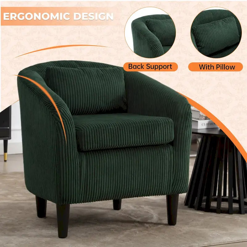 Fauteuil d'appoint en velours côtelé Mid-Century Modern avec dossier incurvé et pieds en bois pour salon
