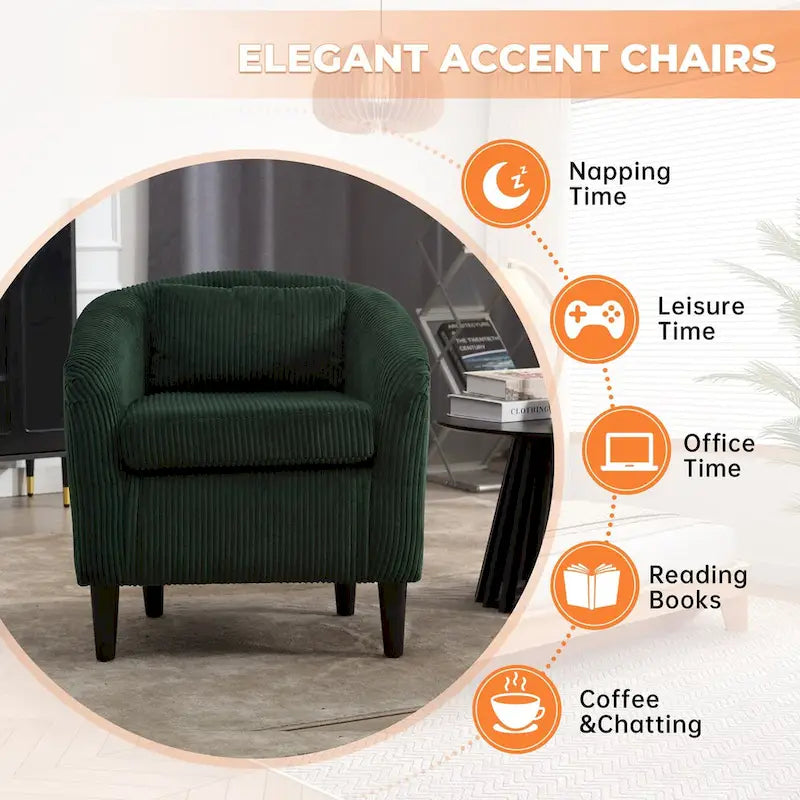 Fauteuil d'appoint en velours côtelé Mid-Century Modern avec dossier incurvé et pieds en bois pour salon