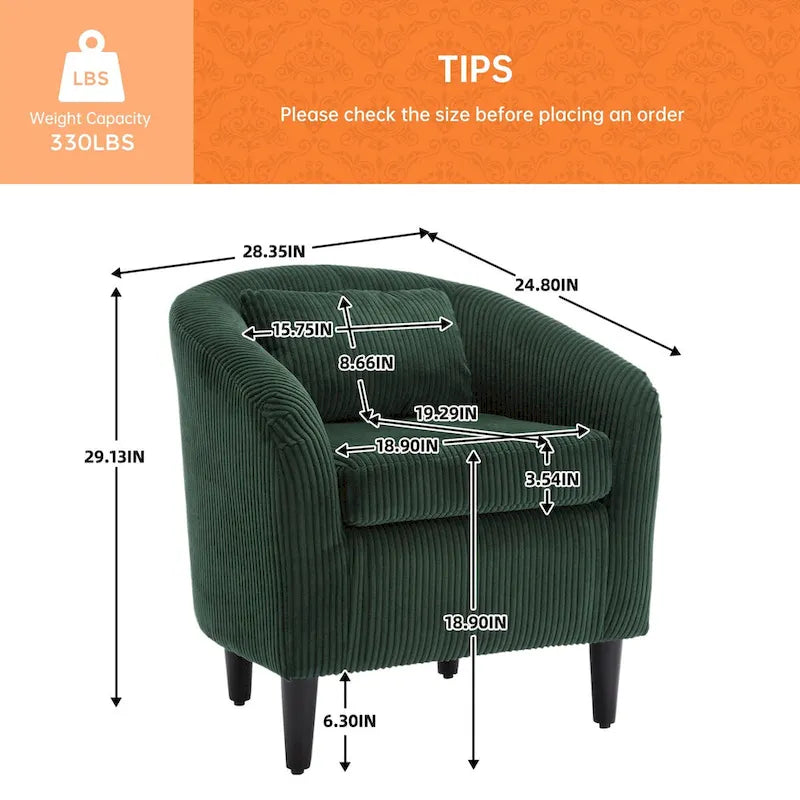 Fauteuil d'appoint en velours côtelé Mid-Century Modern avec dossier incurvé et pieds en bois pour salon
