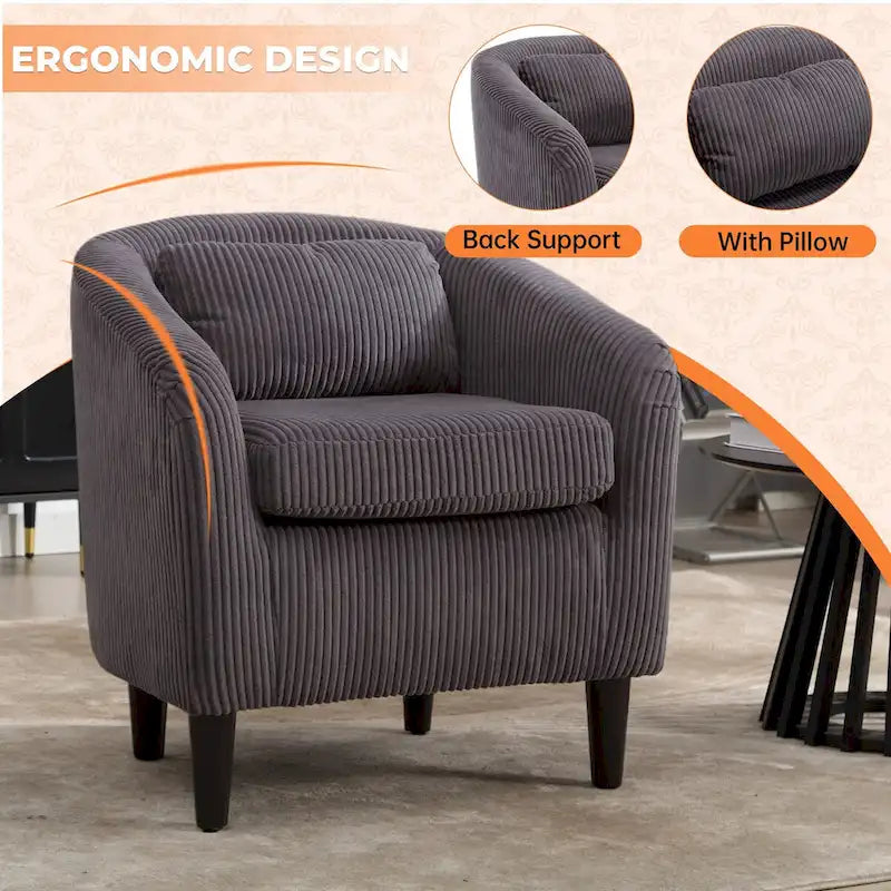 Fauteuil d'appoint en velours côtelé Mid-Century Modern avec dossier incurvé et pieds en bois pour salon