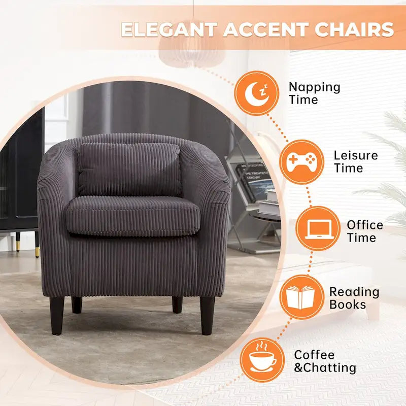 Fauteuil d'appoint en velours côtelé Mid-Century Modern avec dossier incurvé et pieds en bois pour salon